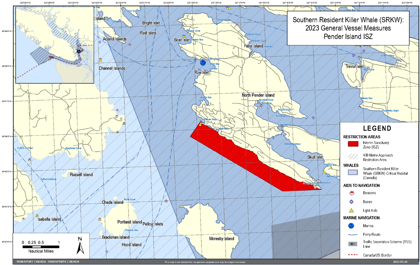 Rectangular map in grey, yellow and blue. It shows the Pender Island interim sanctuary zone in red, as part of the general vessel measures for the Southern Resident Killer Whales.