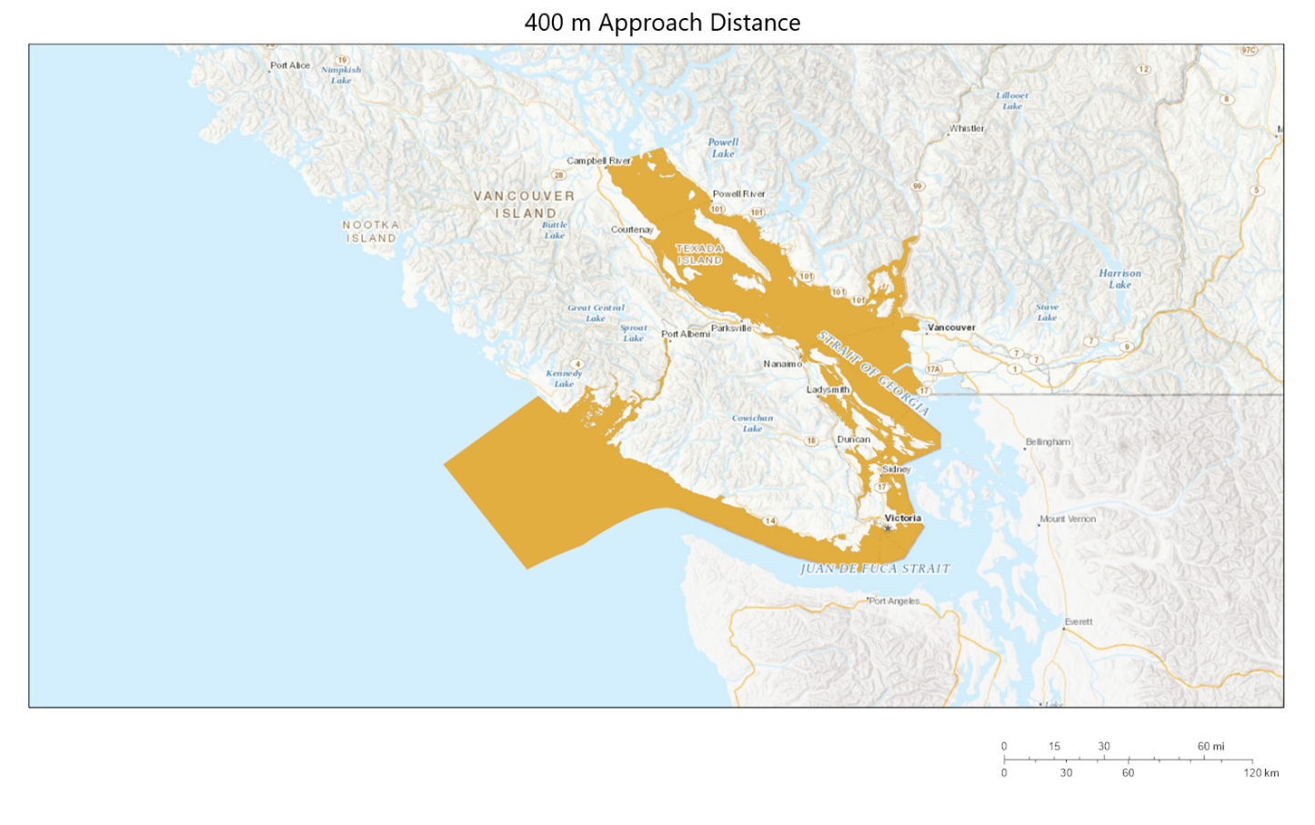Rectangular map showing in dark yellow the 400 metre minimum approach distance zone for the southern and northern resident killer whales. 