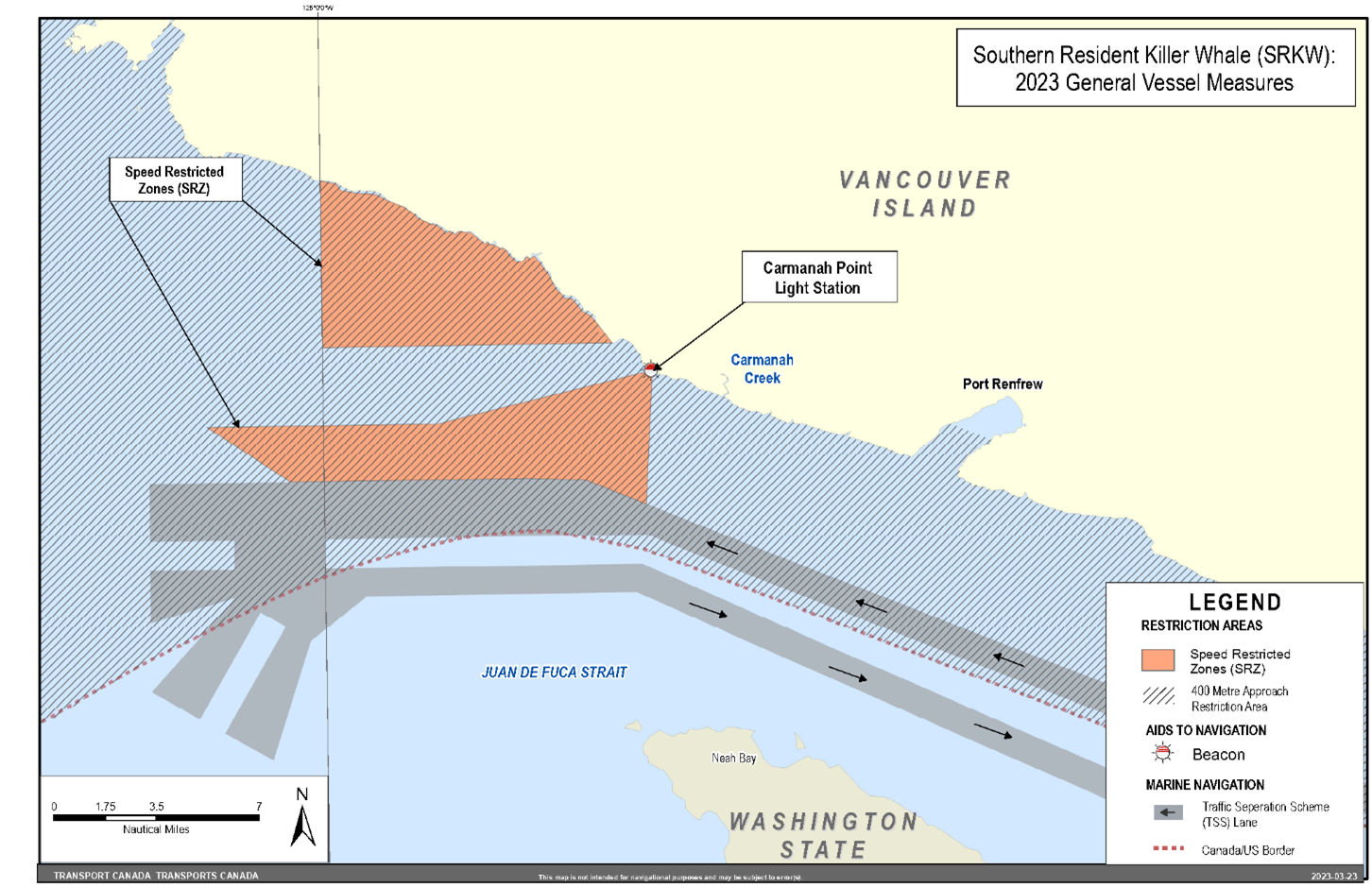 Rectangular map in grey, blue and yellow. It shows the speed restricted zones in orange, around Vancouver Island and Washington State. This is part of the general vessel measures for the Southern Resident Killer Whales. 