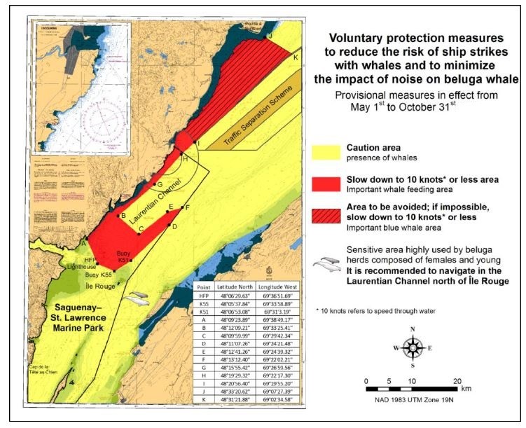 Square map with coordinates showing voluntary protection measures to reduce risks of ship strikes with whales and to minimize the impact of noise on belugas. Caution area is in yellow, slowdown to 10 knots or less area is in red and area to be avoided is in checked red.