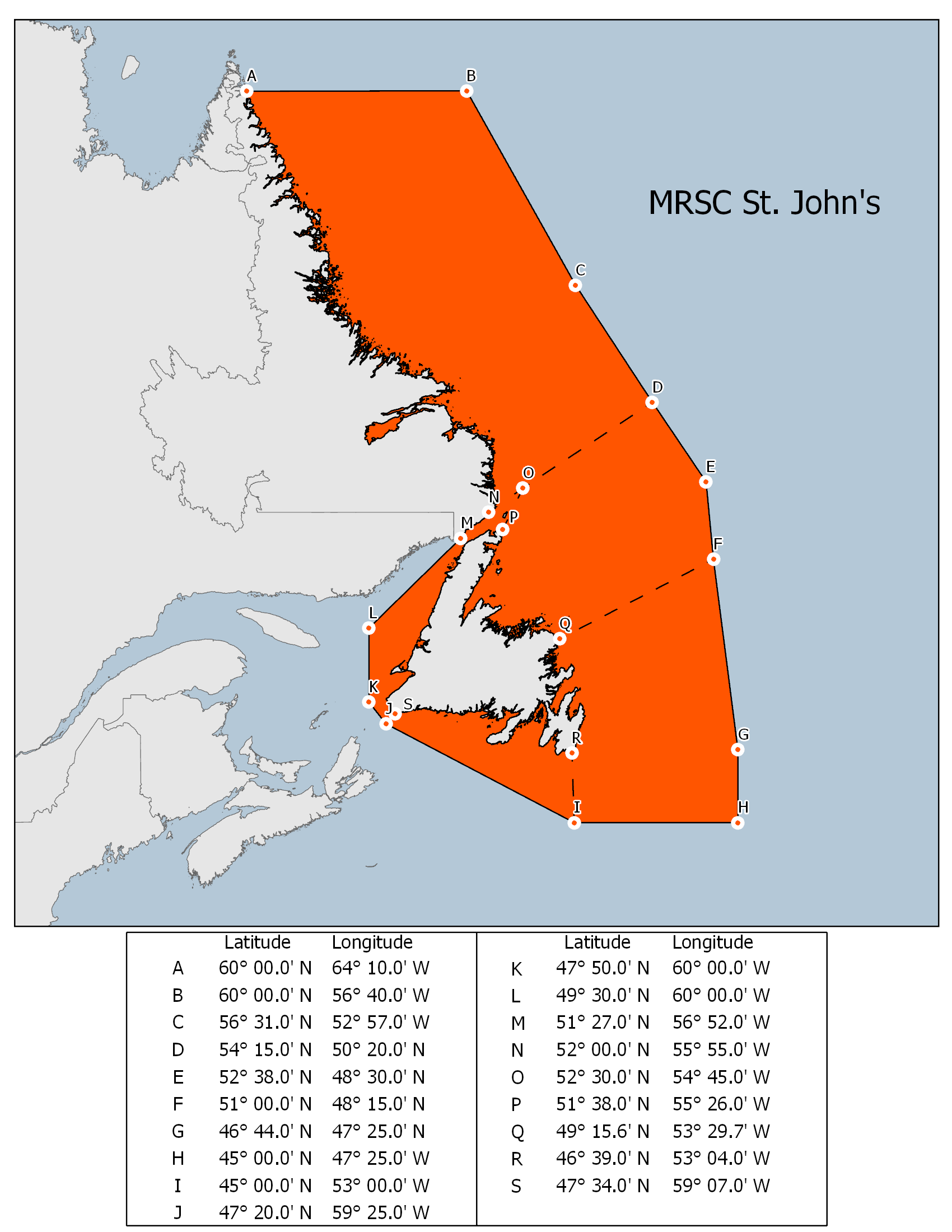 Carte de la sous-région de recherche et de sauvetage du MRSC St. John's